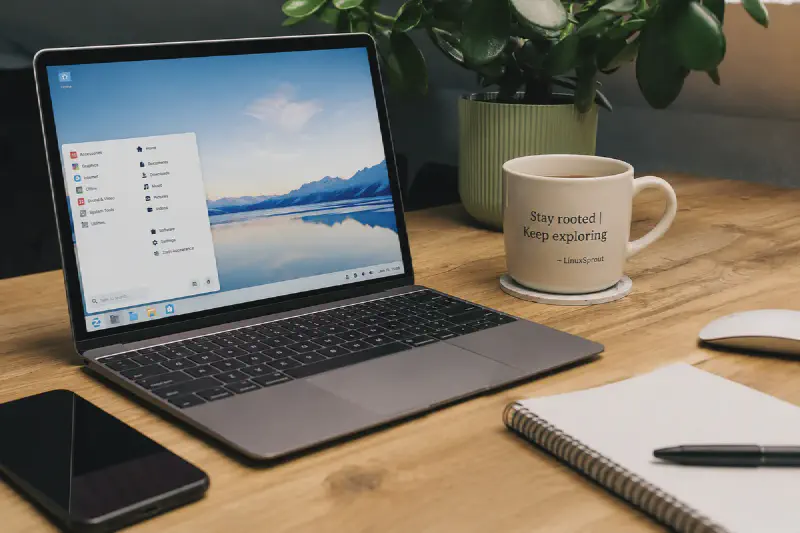 Minimal workspace with a laptop running Zorin OS.
