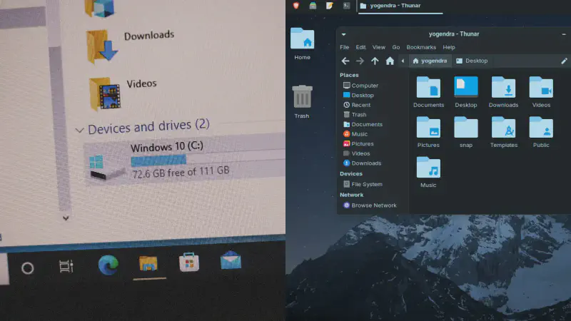 Windows Explorer and Linux file manager shown side by side
